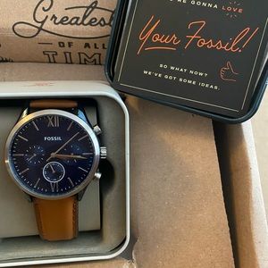 Brown Genuine Leather, Blue Round Face, Men Fossil Watch